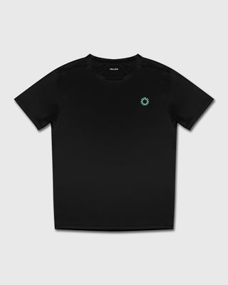 VALLEA Court T Shirt in Black with Teal branding - front